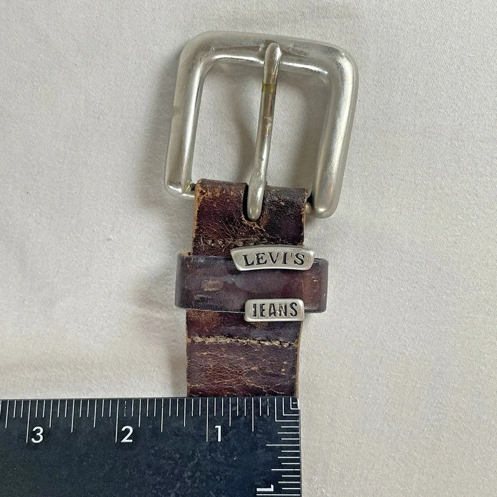 Levis Jeans Vtg 1980s Brown Leather Mens Belt Silver Buckle Adjustable Sz 36-43